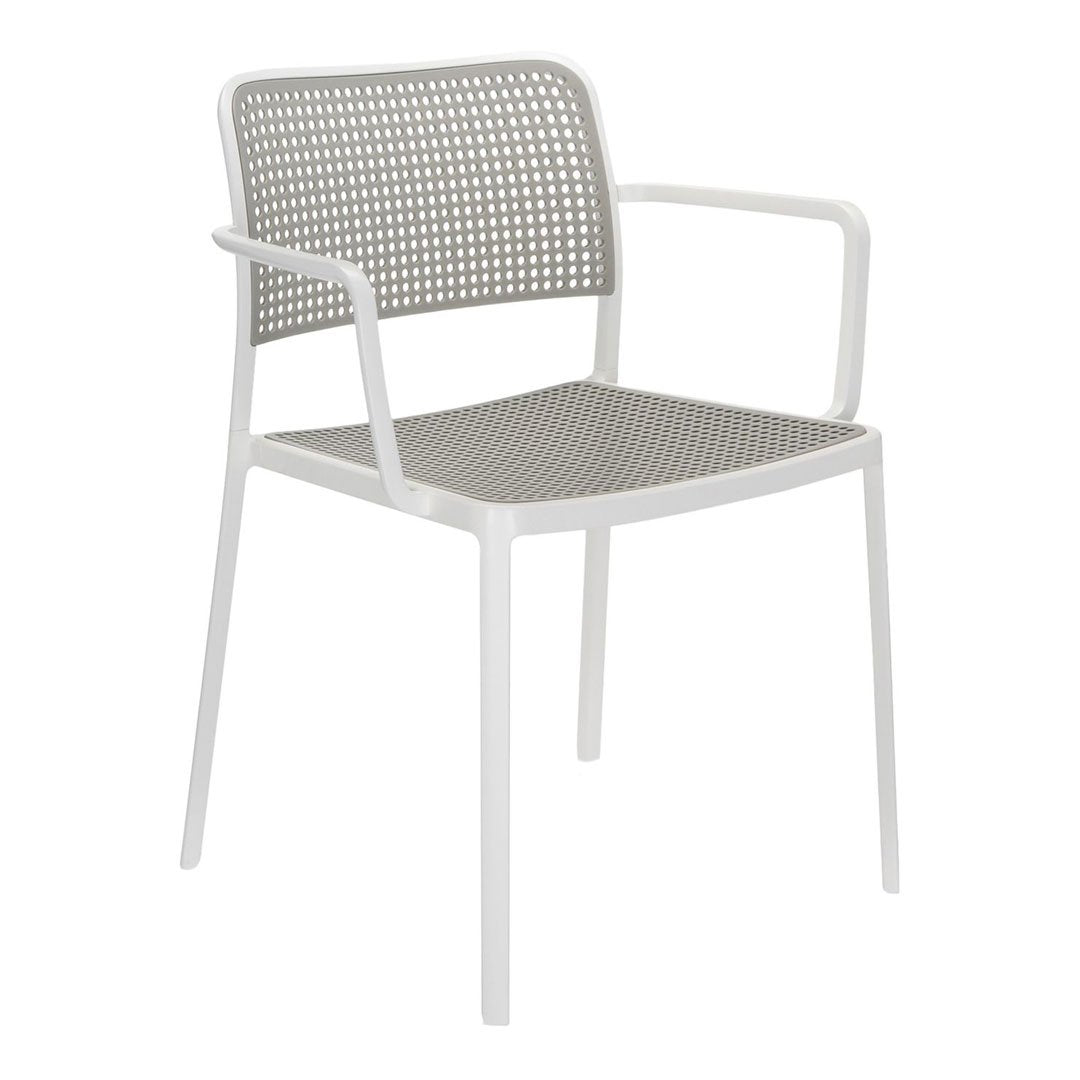 Gray perforated chair with a sleek white frame, perfect for modern outdoor or indoor settings.