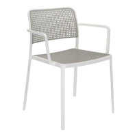 Gray perforated chair with a sleek white frame, perfect for modern outdoor or indoor settings.