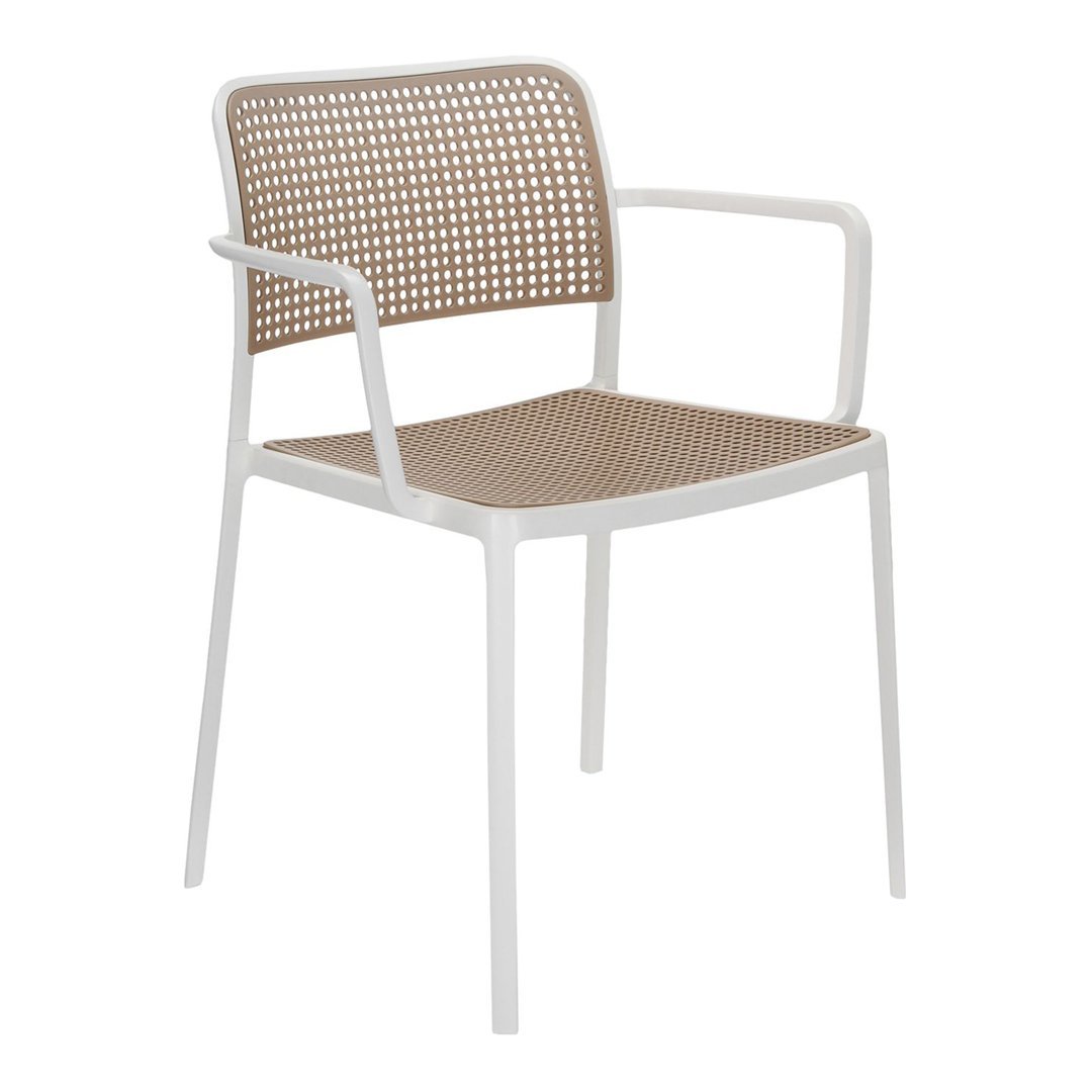White framed chair with a brown woven seat and back, featuring a modern, minimalist design and a grid pattern.