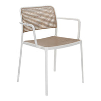 White framed chair with a brown woven seat and back, featuring a modern, minimalist design and a grid pattern.