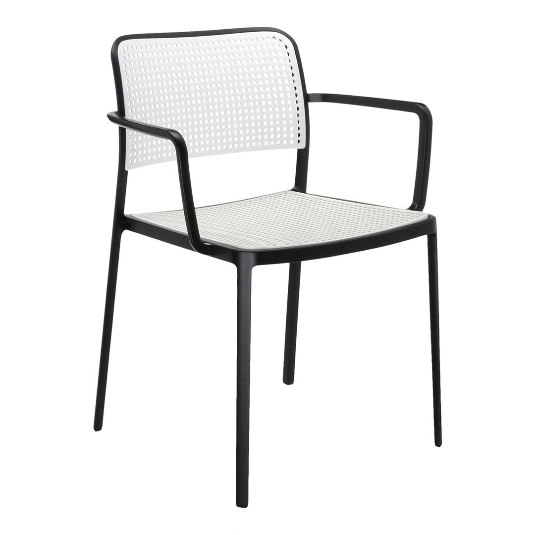 Stylish black metal chair with a white woven seat and backrest, perfect for modern decor.