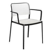 Stylish black metal chair with a white woven seat and backrest, perfect for modern decor.