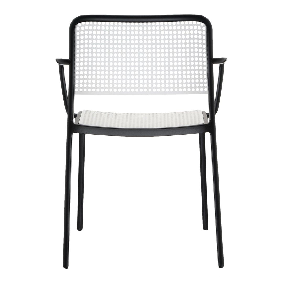 Black metal chair with a white woven seat and backrest, featuring a modern grid pattern.