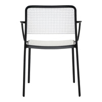 Black metal chair with a white woven seat and backrest, featuring a modern grid pattern.
