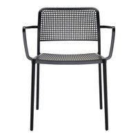 Stylish black chair with a perforated pattern and sleek armrests, perfect for modern decor.
