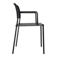 Black woven outdoor chair with a sleek, modern design and a textured seat. Ideal for patio or garden settings.