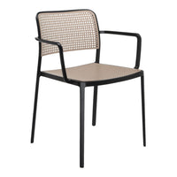 Beige woven seat and backrest chair with sleek black metal frame. Elegant and modern design for indoor or outdoor use.