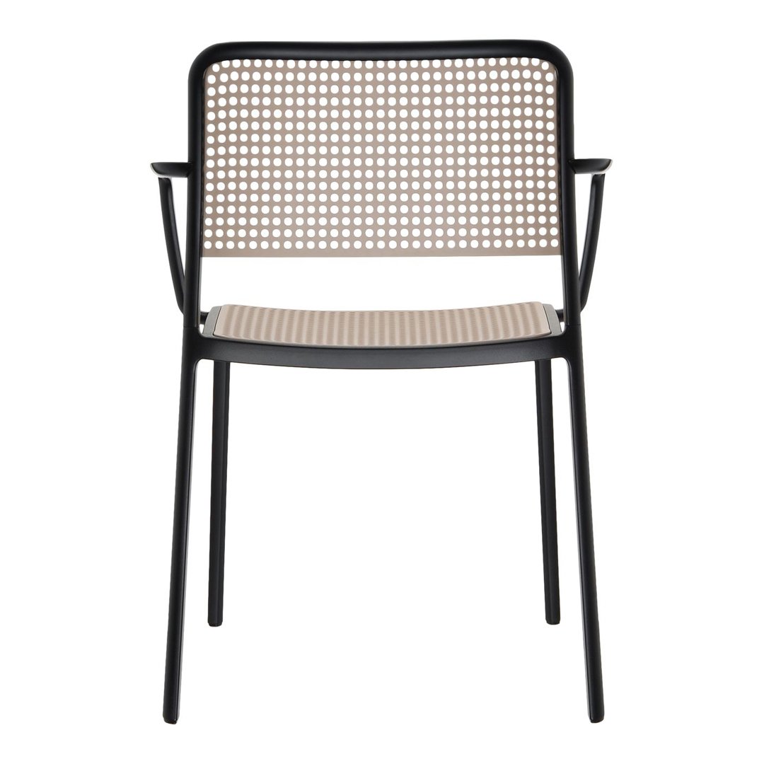 Black armchair with a beige checkered seat and woven backrest pattern. Stylish and modern design for any space.