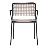 Black armchair with a beige checkered seat and woven backrest pattern. Stylish and modern design for any space.