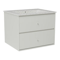 Modern white bathroom vanity with a speckled gray countertop and two smooth drawers. Sleek and minimalistic design.