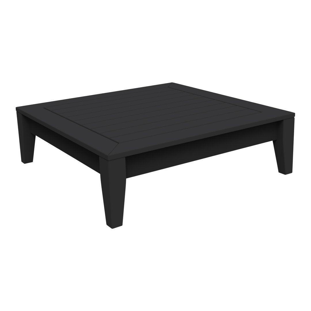 Black square coffee table with a sleek, smooth surface and simple, modern design. Perfect for any contemporary space.