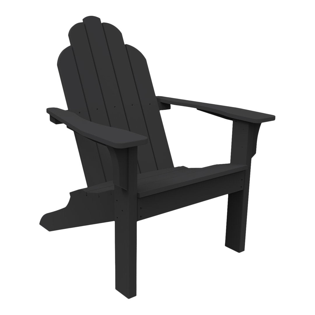Black Adirondack chair with a classic slatted design, perfect for outdoor relaxation.