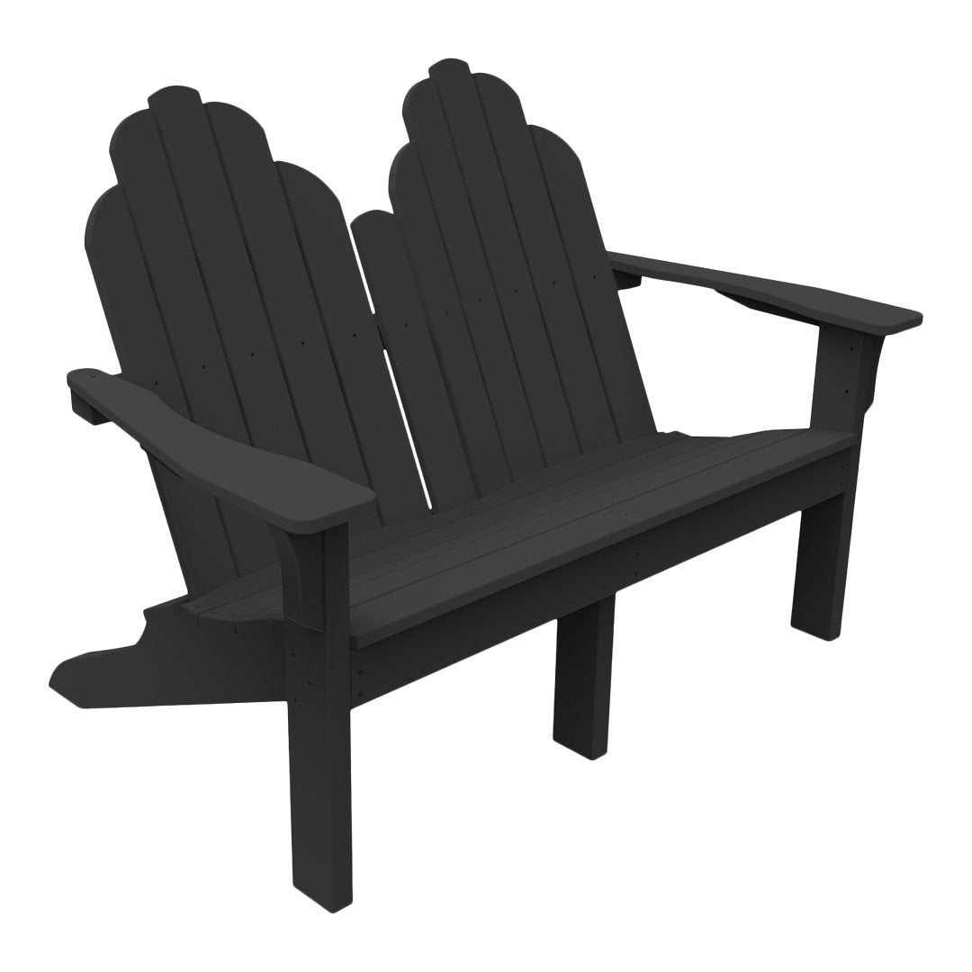 Black Adirondack loveseat with a scalloped back and slatted design, perfect for outdoor relaxation.