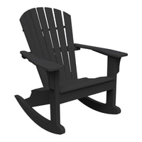Black wooden rocking chair with a classic slatted design and smooth finish. Perfect for outdoor relaxation.