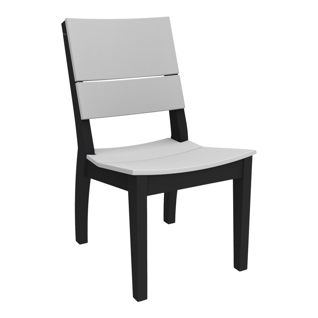 Modern chair with a sleek black wooden frame and a minimalist gray seat and backrest.