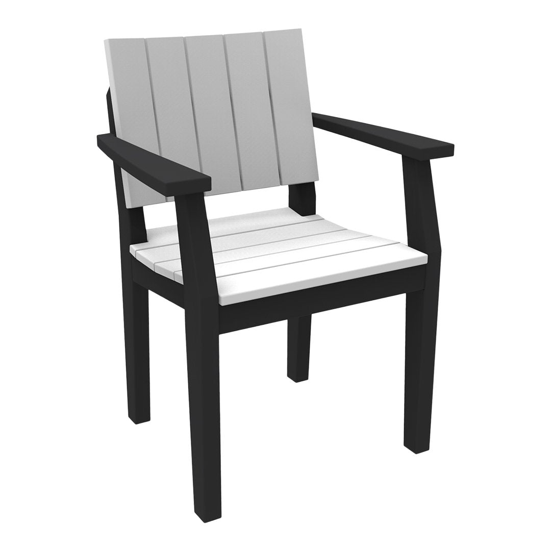 Gray and white slatted seat chair with black wooden frame, perfect for modern outdoor decor.