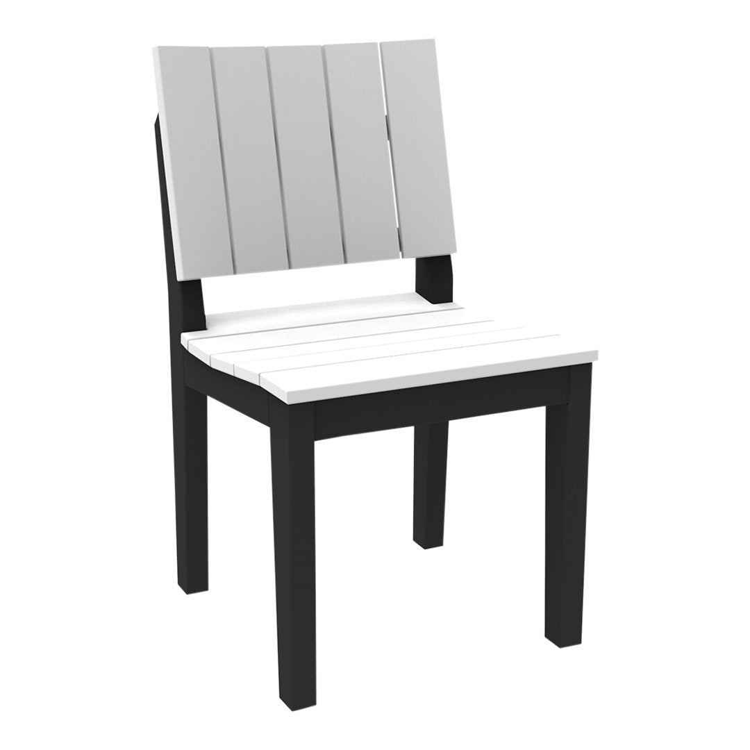 Gray and white slatted outdoor chair with a sleek black frame, perfect for modern patio decor.