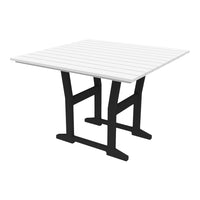 White slatted tabletop with a black, modern base, perfect for outdoor dining. Clean and contemporary design.
