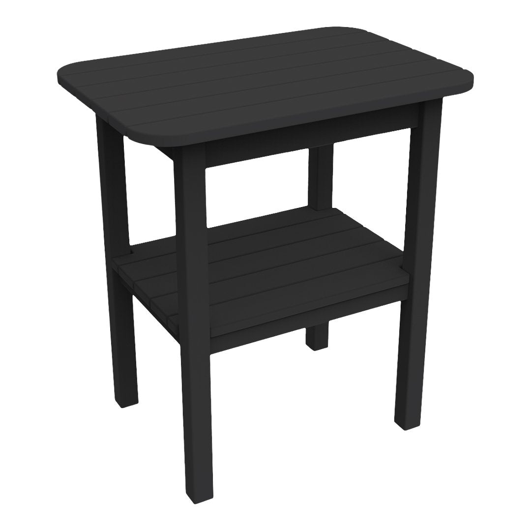 Black wooden side table with a simple design and slatted shelves. Perfect for any modern décor.