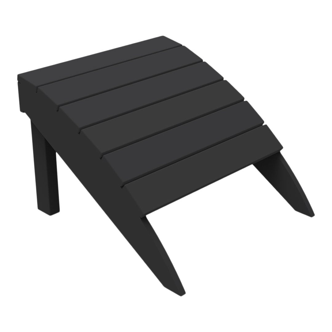 Black wooden footrest with a sleek slatted design. Perfect for modern outdoor or indoor décor.
