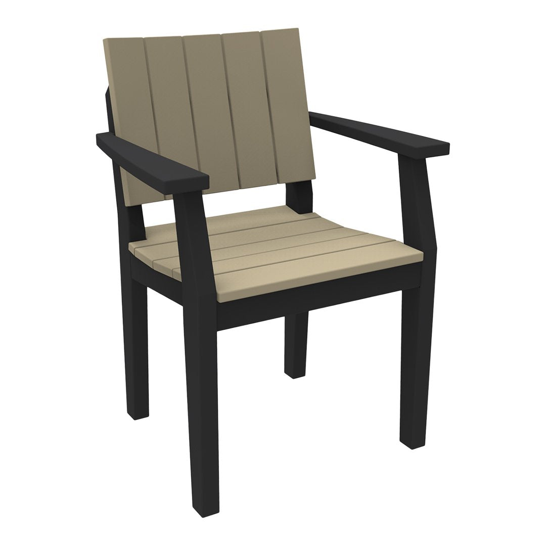 Beige slatted seat with black frame patio chair, modern design ideal for outdoor settings.