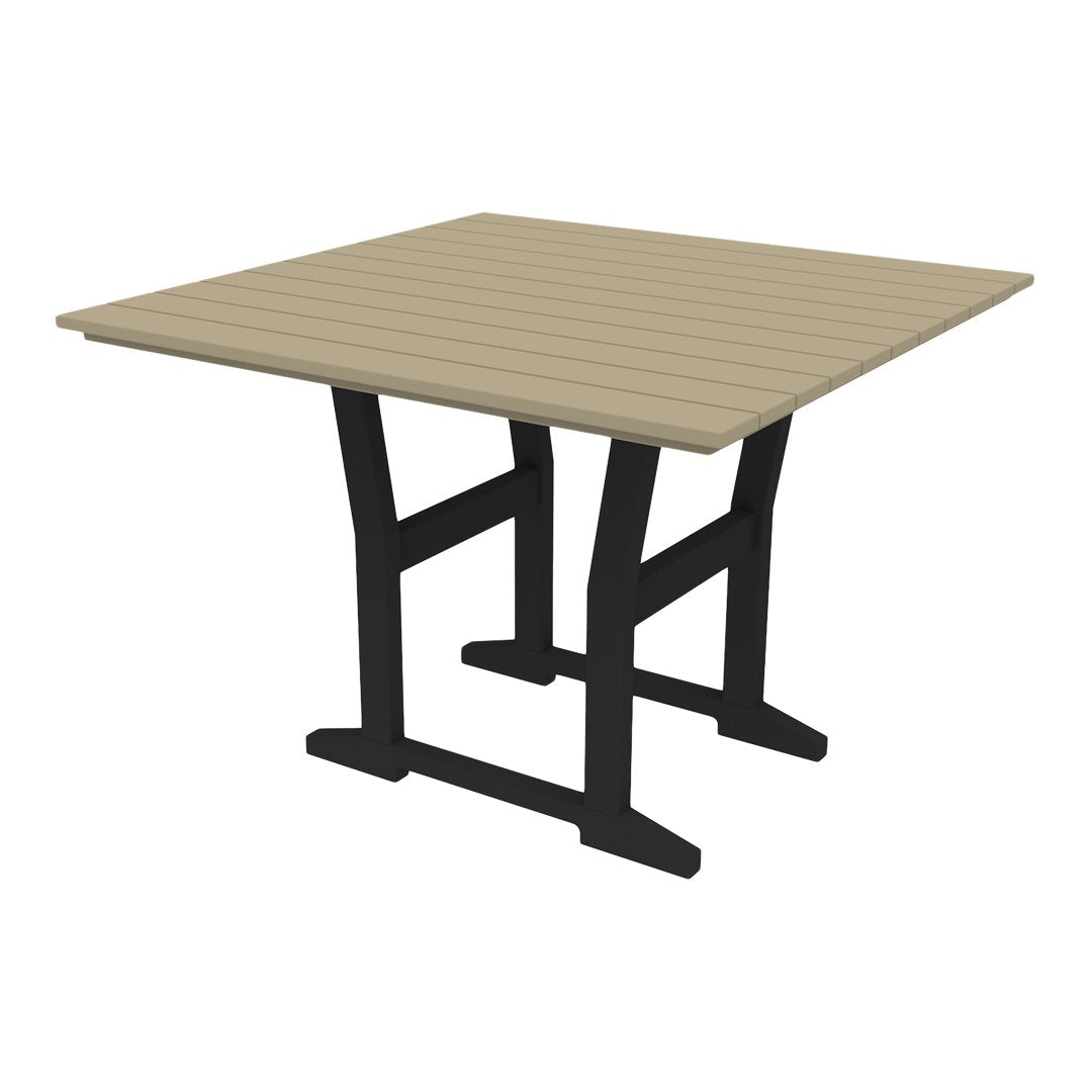 Square outdoor table with a beige slatted top and a sturdy black matte base. Ideal for modern patio setups.
