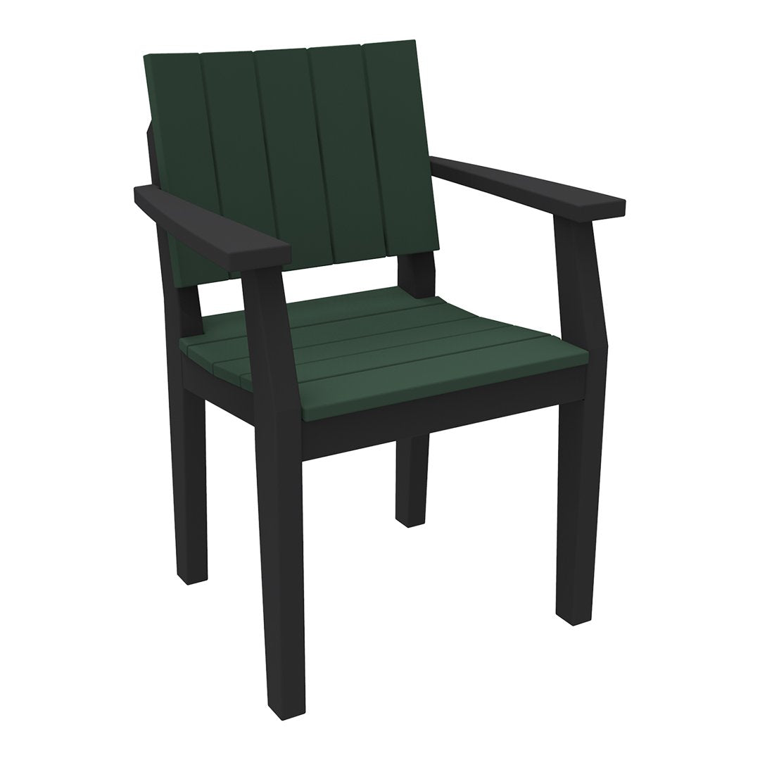 Black-framed outdoor chair with a dark green slatted seat and backrest. Perfect for modern patio aesthetics.