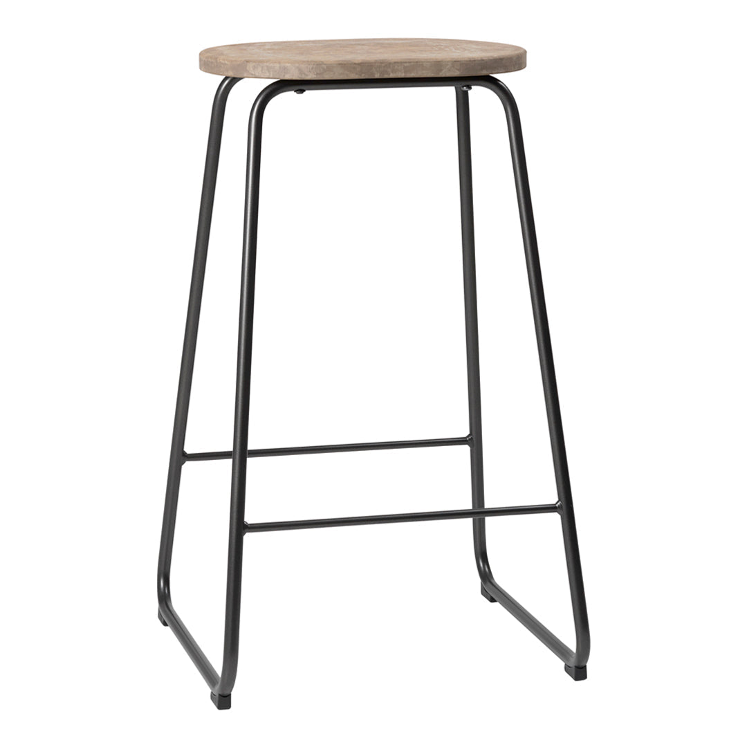 Wooden top with a natural finish and black metal frame. Modern, minimalist bar stool with sleek lines.
