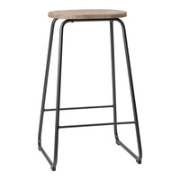 Wooden top with a natural finish and black metal frame. Modern, minimalist bar stool with sleek lines.