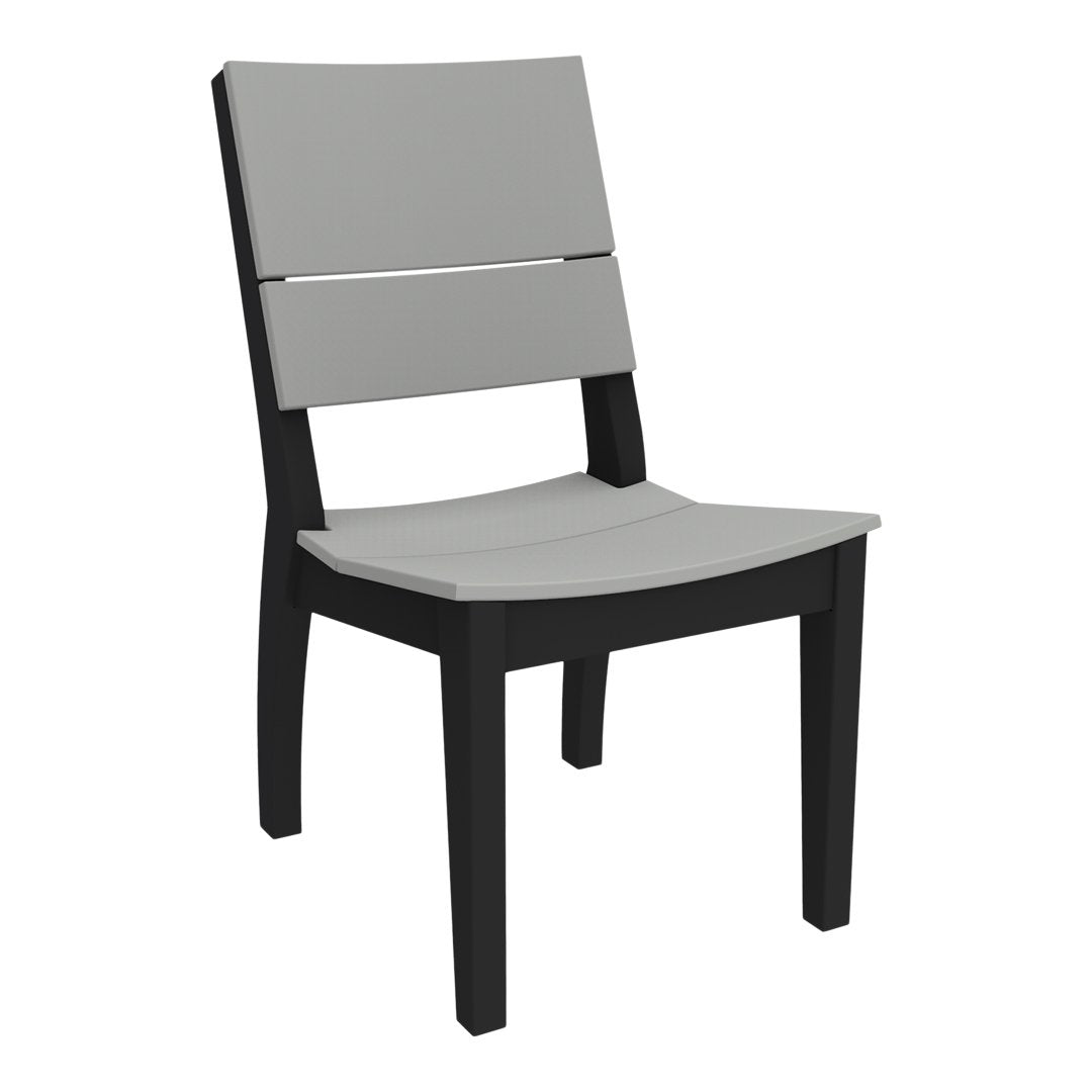Gray and black modern chair with a sleek minimalist design, featuring horizontal lines and clean edges.