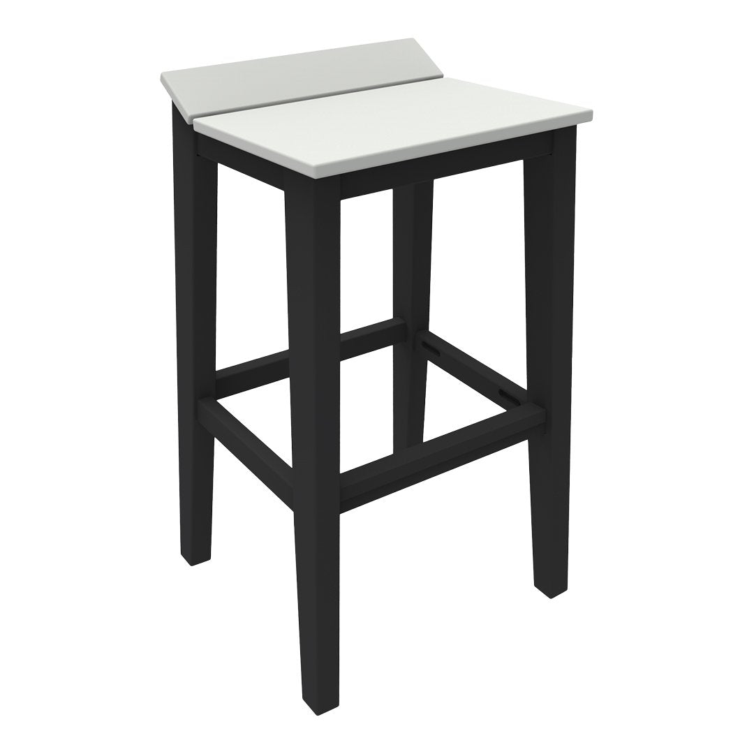 White and black bar stool with a sleek, minimalist design and a solid wood frame. Perfect for modern decor.