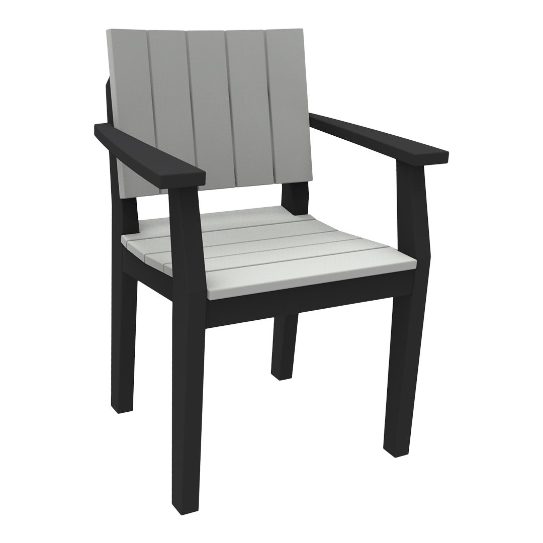 Modern outdoor chair in gray and white with slatted design and black armrests, ideal for patio or garden decor.