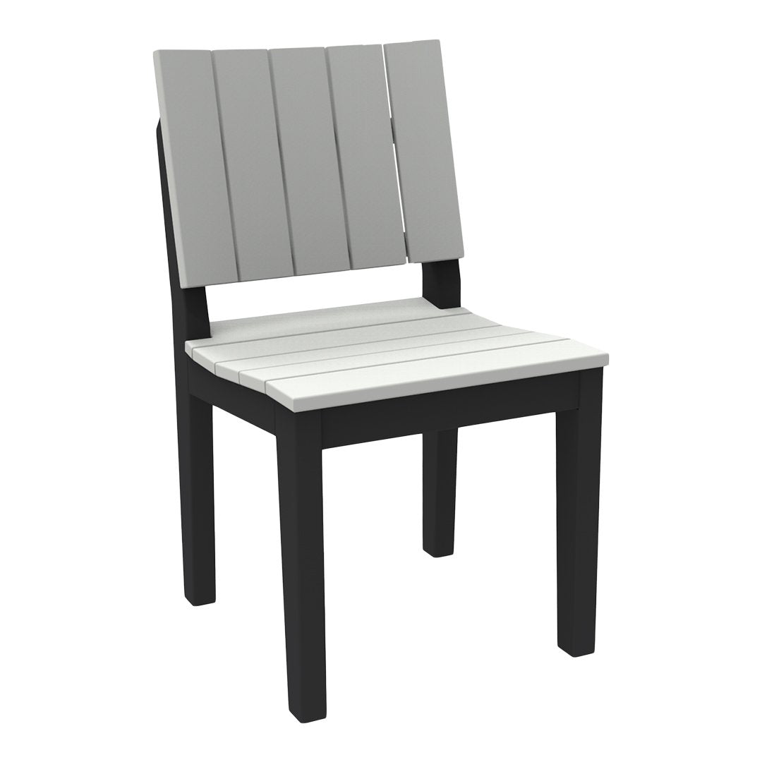 Gray slatted backrest and white seat on a black frame chair. Modern design, perfect for outdoor settings.
