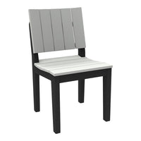 Gray slatted backrest and white seat on a black frame chair. Modern design, perfect for outdoor settings.