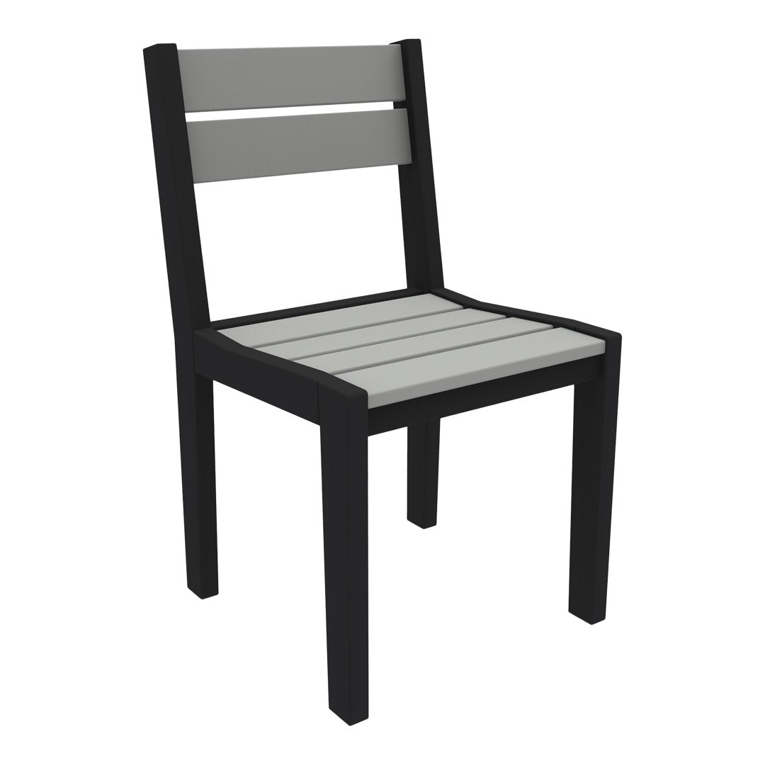 Black chair with gray slatted seat and backrest, featuring a modern, minimalist design. Perfect for indoor or outdoor use.