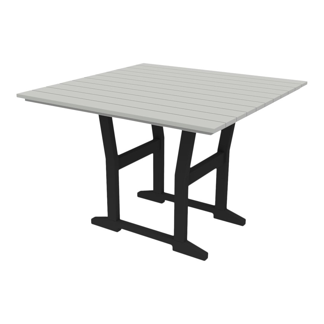 Square outdoor table with a light gray slatted top and black metal legs, perfect for modern patio decor.