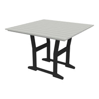 Square outdoor table with a light gray slatted top and black metal legs, perfect for modern patio decor.