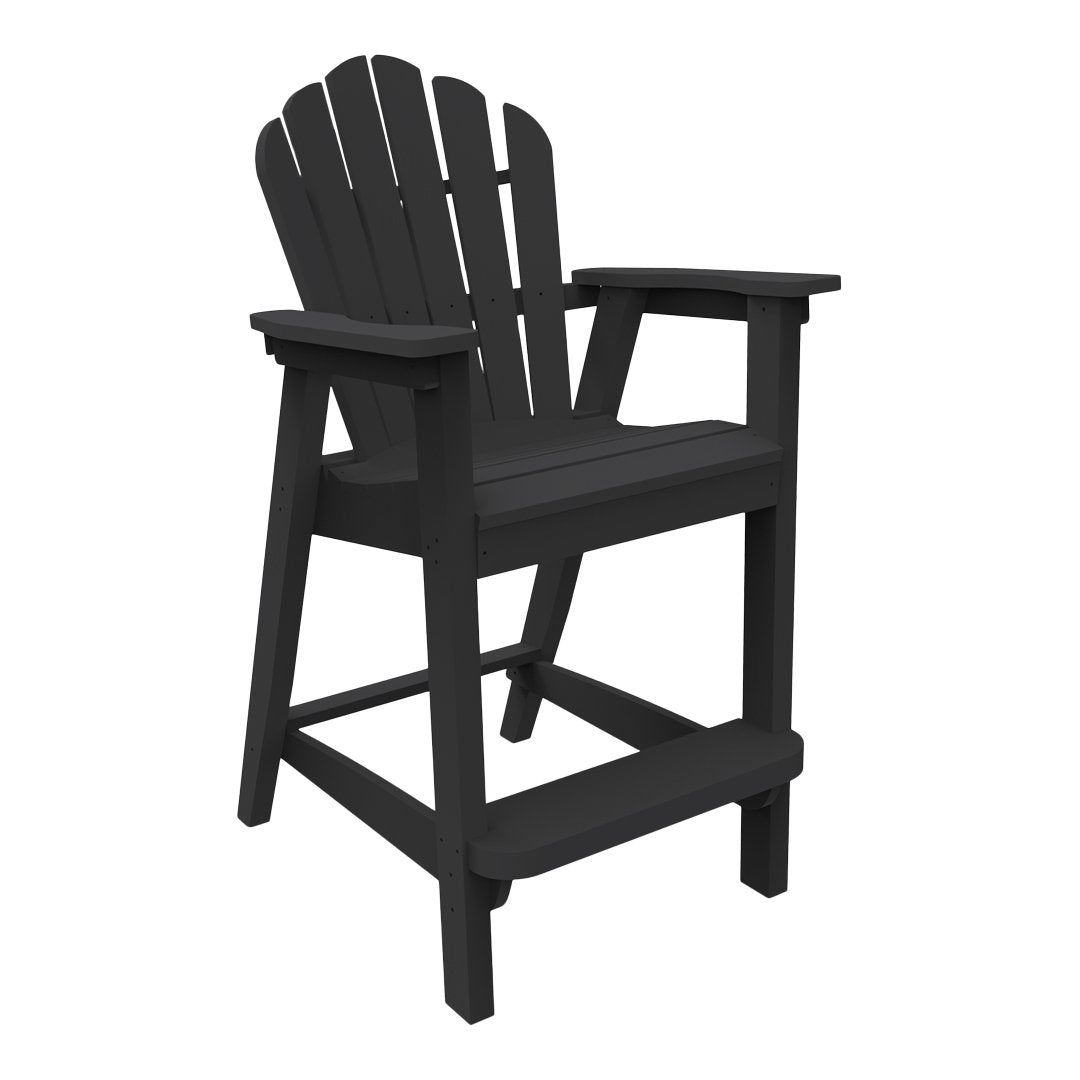 Black Adirondack chair with a slatted back and armrests, featuring a modern, sleek design ideal for outdoor use.