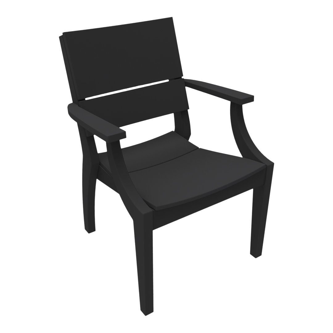 Black plastic chair with a sleek modern design and no visible patterns, ideal for indoor or outdoor settings.