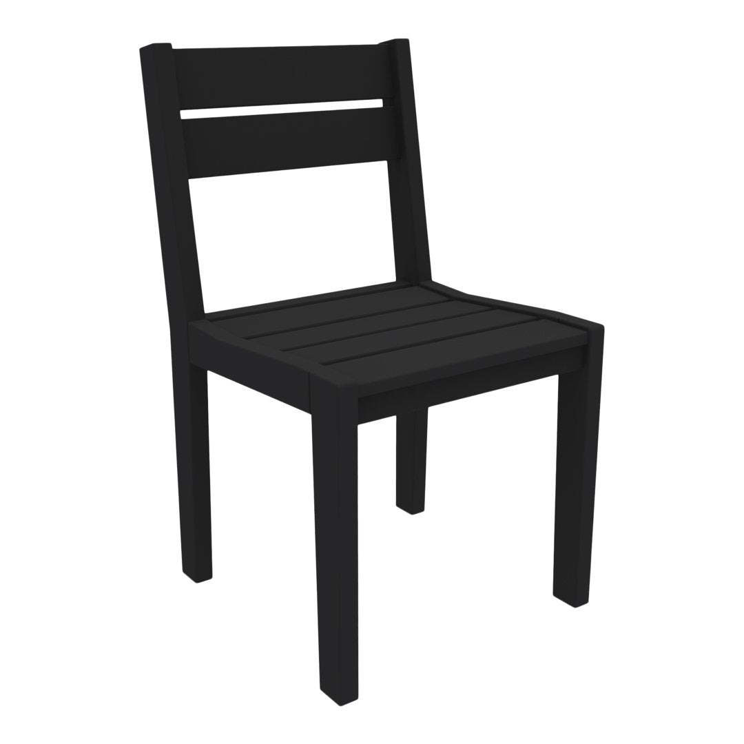 Black wooden chair with a minimalist design, featuring a slatted seat and backrest for a modern look.