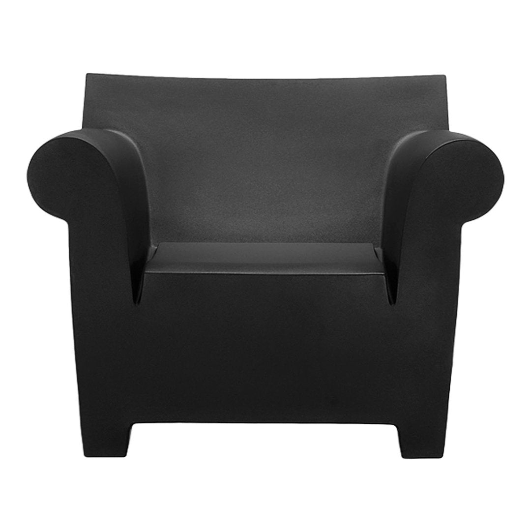 Black modern armchair with a sleek design and smooth, solid finish, perfect for contemporary decor.