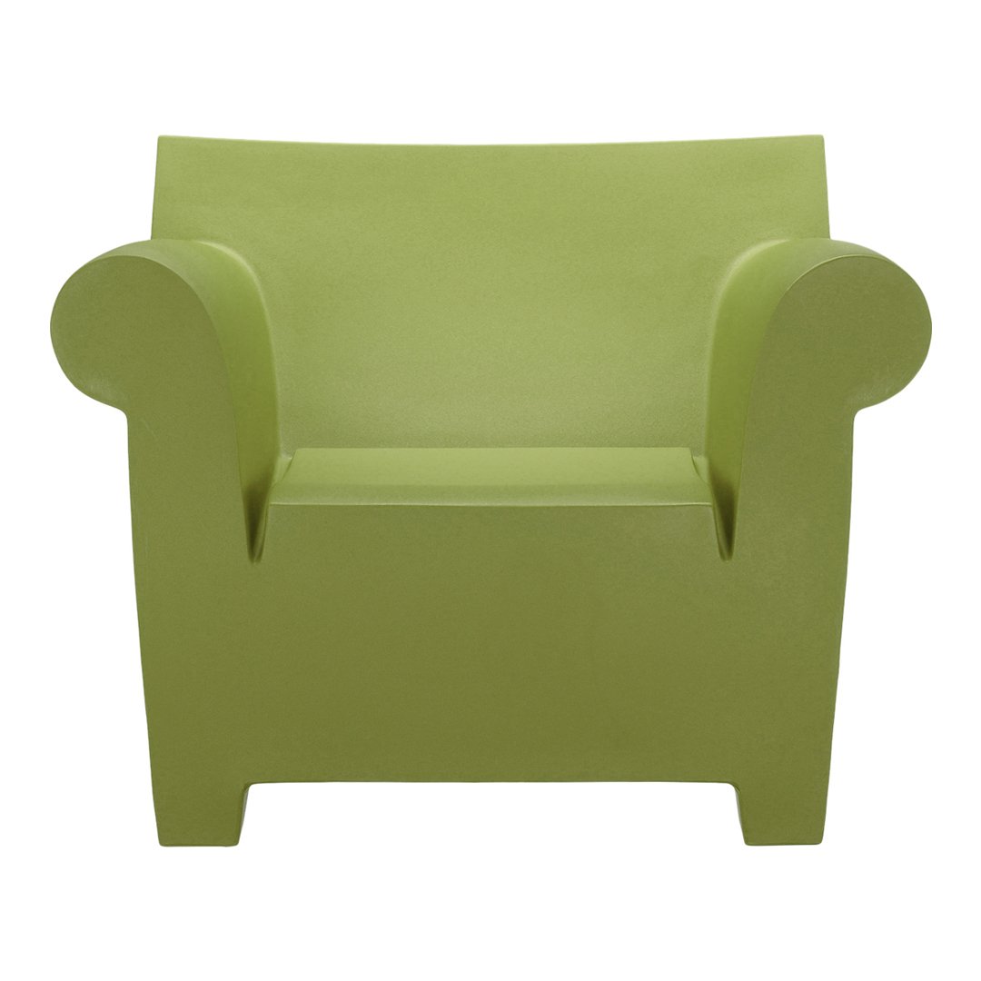 Lime green, minimalist armchair with smooth, solid surface and rounded armrests, perfect for modern decor.