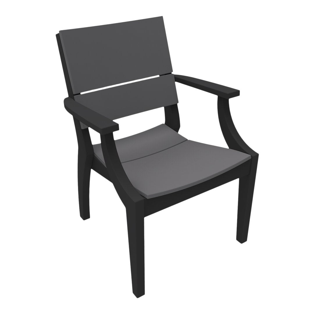 Stylish black outdoor chair with a sleek grey seat and backrest, perfect for modern patios and gardens.