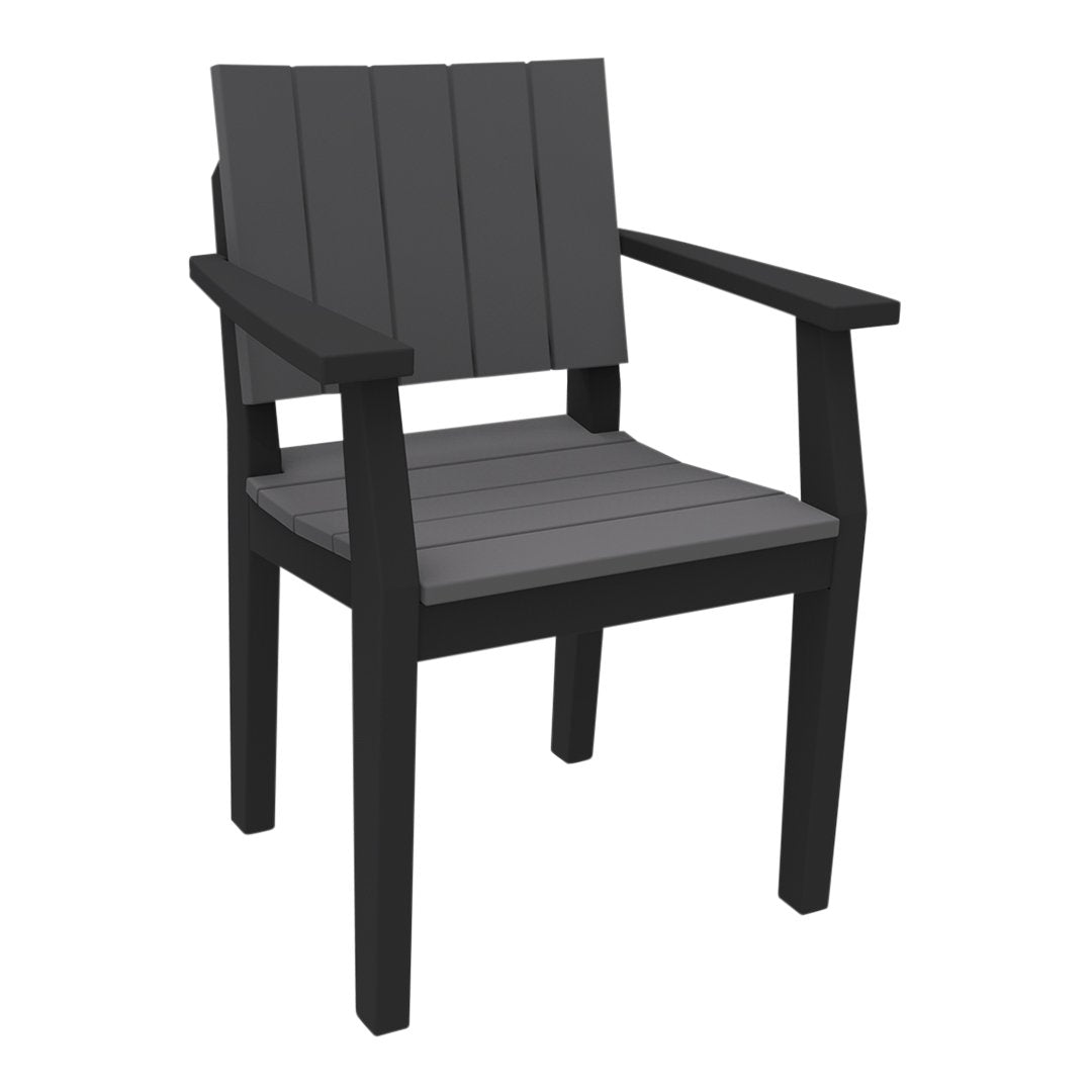 Gray slatted patio chair with black frame, featuring a modern and minimalist design for outdoor furniture.
