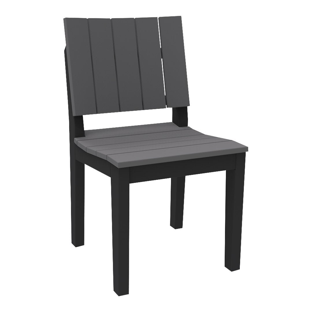 Black and gray outdoor chair with a slatted back and seat design, perfect for modern patio decor.