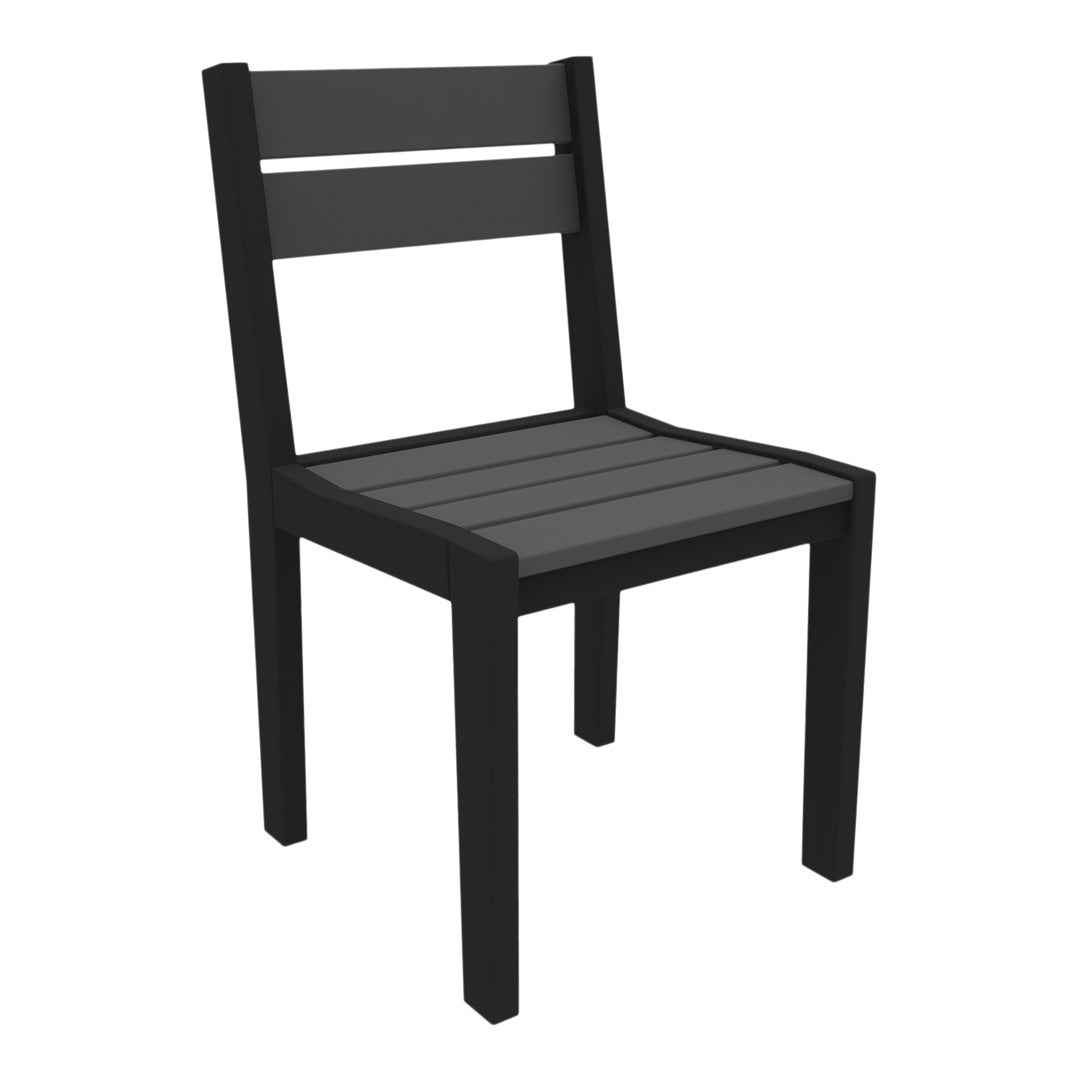 Black wooden chair with a slatted seat and backrest, featuring a minimalist design and smooth finish.