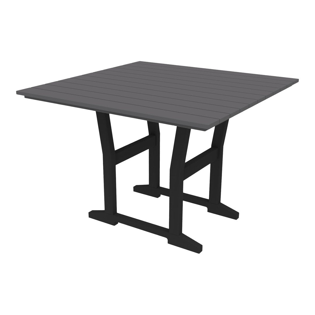 Square gray outdoor table with slatted surface and black metal frame, perfect for patio or garden use.