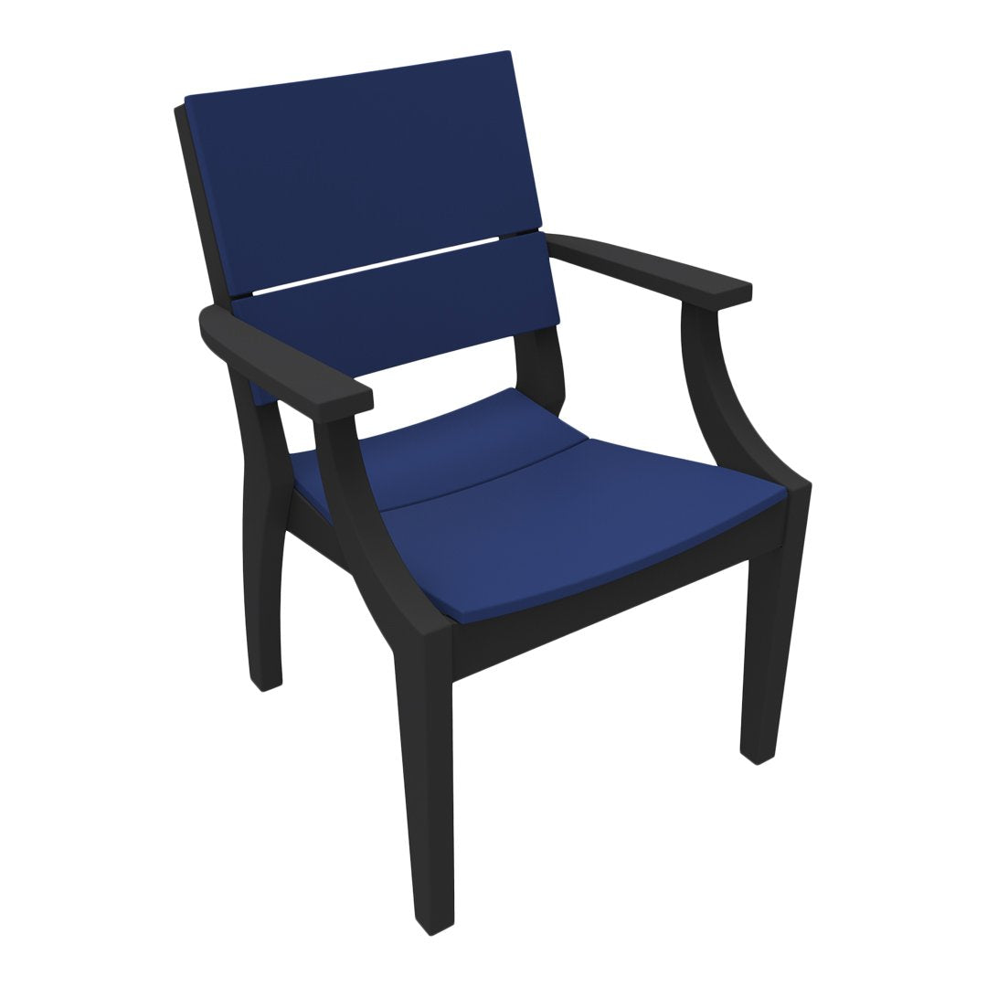 Navy blue chair with a sleek black frame, featuring a simple, modern design and clean lines. Perfect for outdoor settings.