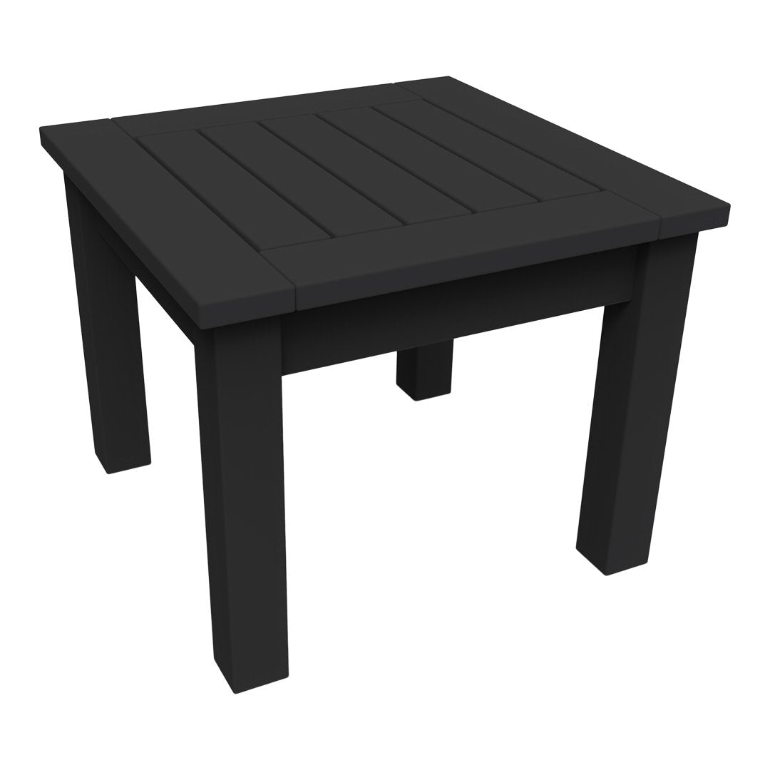 Black square table with a slatted top and sturdy legs, perfect for modern outdoor or indoor decor.