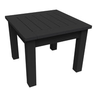 Black square table with a slatted top and sturdy legs, perfect for modern outdoor or indoor decor.